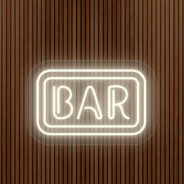 A Crazy Neon warm white LED "Bar" sign on a wood surface.