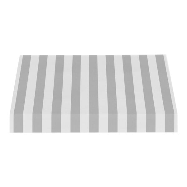 A grey and white striped fixed fabric awning with a rigid valance.