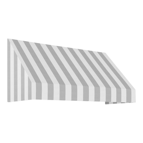 A grey and white striped Awntech fixed fabric awning with a rigid valance.