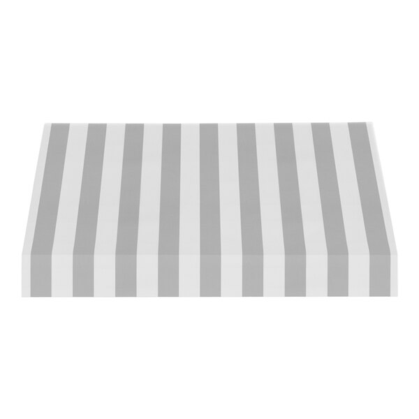 A gray and white striped Awntech New Yorker fixed fabric awning with a rigid valance.