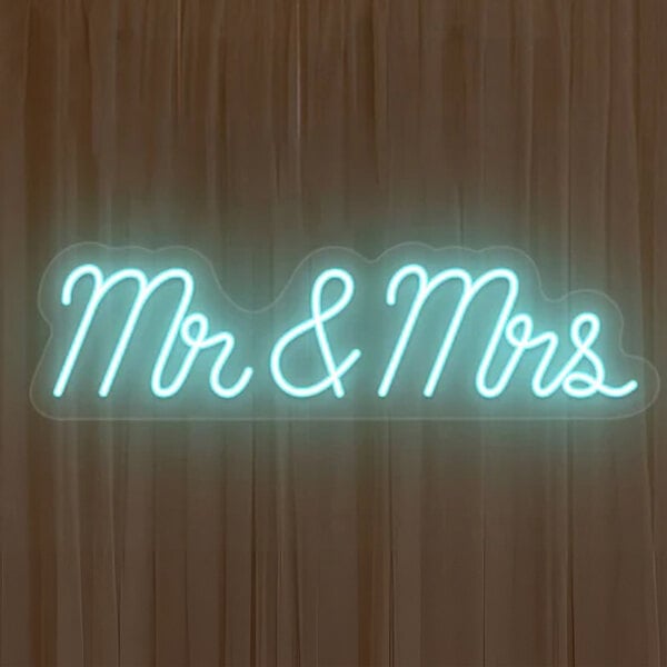 A blue neon "Mr & Mrs" sign.