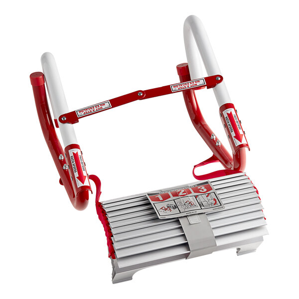 A red and white Kidde 2-Story escape ladder with a red handle.