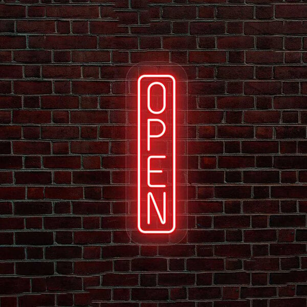 A Crazy Neon red LED "Open" sign on a brick wall.