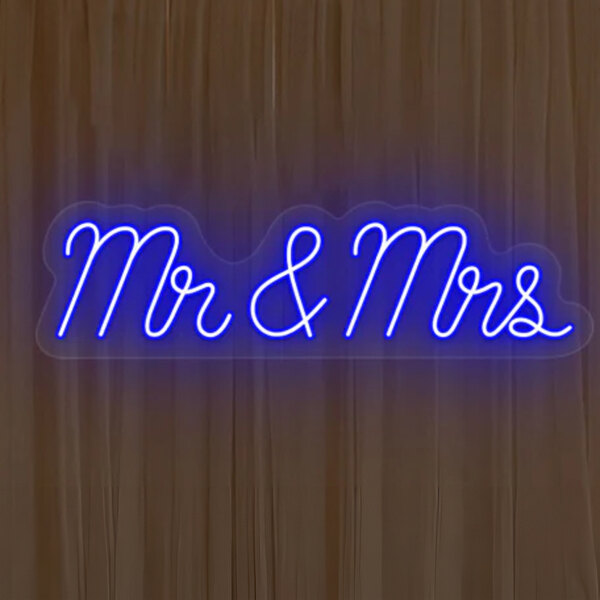A blue "Mr & Mrs" neon sign.