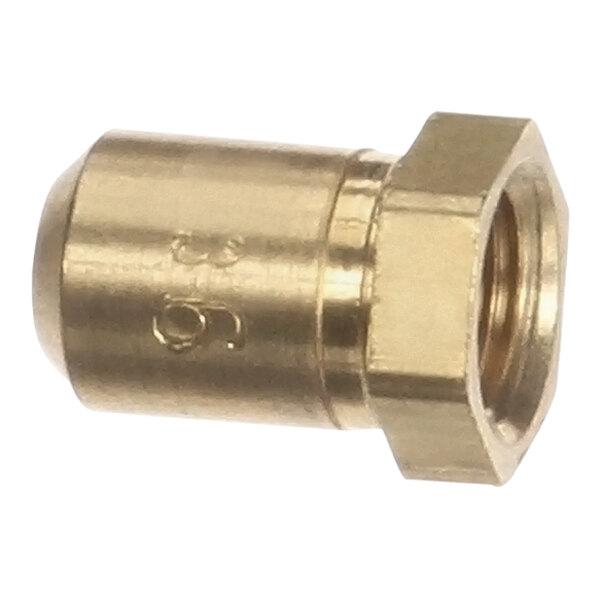 A close-up of a gold metal piece with a threaded end.