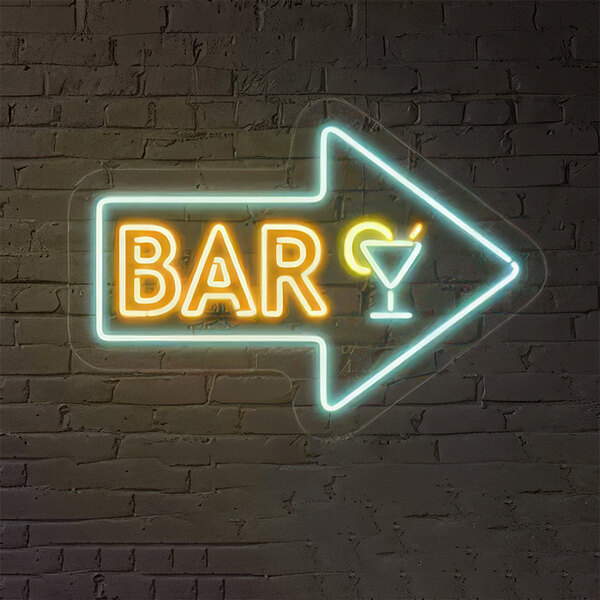 A Crazy Neon ice blue and yellow LED "Bar" sign with right arrow on a brick wall.