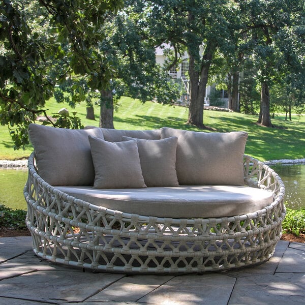 Outdoor Interiors 63" Round Linen Rope Daybed with Gray Olefin Cushions