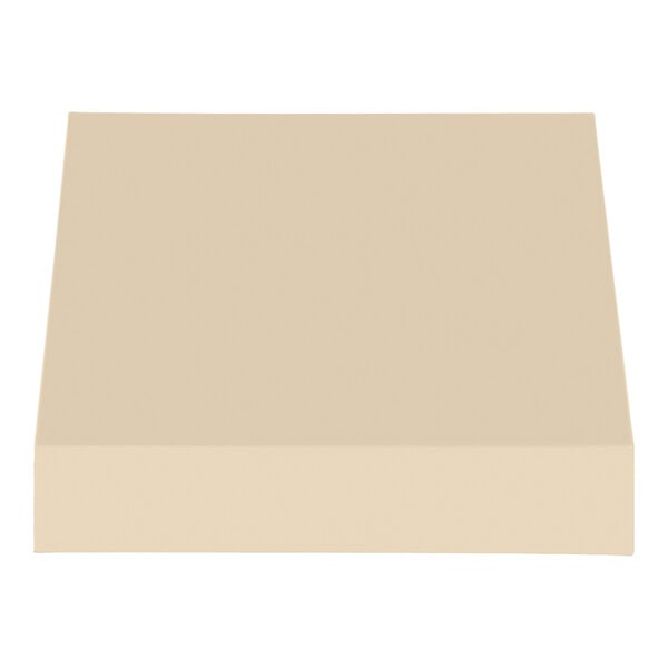 A tan fabric awning with a black rigid valance on a white background.