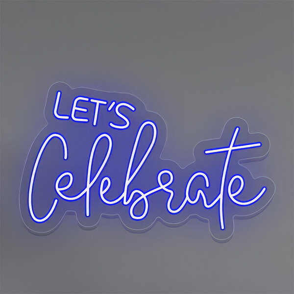 A blue neon sign that says "Let's Celebrate" in white text.