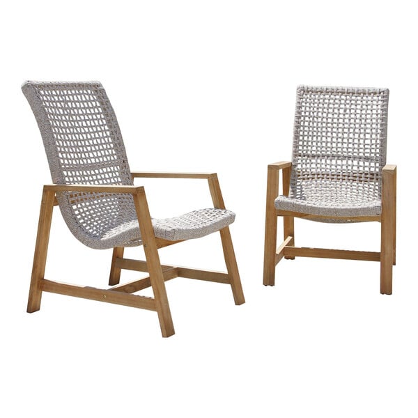 An Outdoor Interiors Teak and Nautical Rope Basket Lounger with a wicker back.