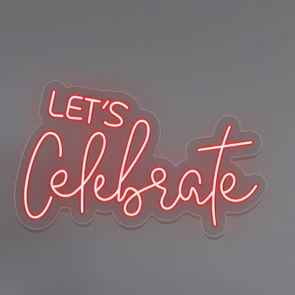 A red neon sign that says "Let's Celebrate" in white.