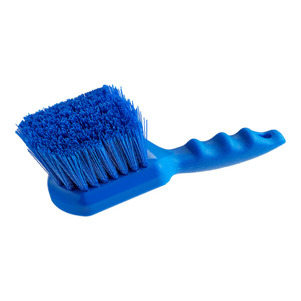 A close-up of a Lavex blue polyester utility/pot scrub brush with a handle.
