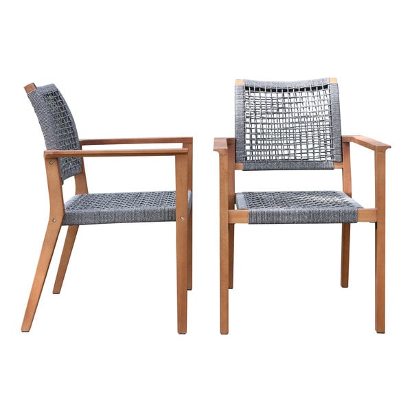 Two Outdoor Interiors stackable chairs with woven rope seats and eucalyptus legs.
