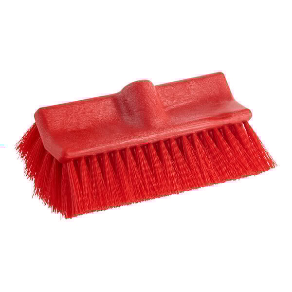 A red Lavex bi-level scrub brush head with bristles.