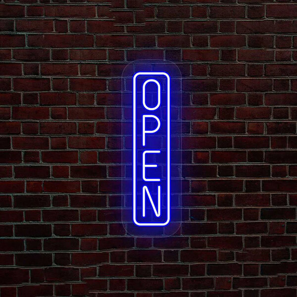 A Crazy Neon blue LED vertical "Open" sign on a brick wall.