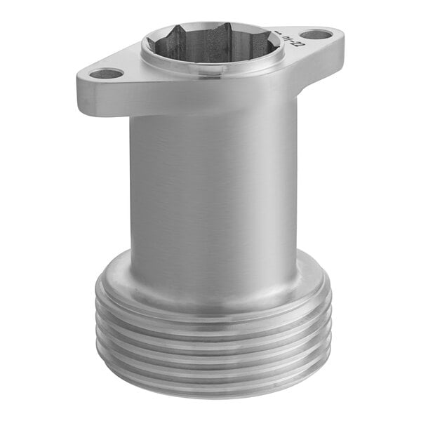 A silver metal Estella extruding head with a threaded round top.