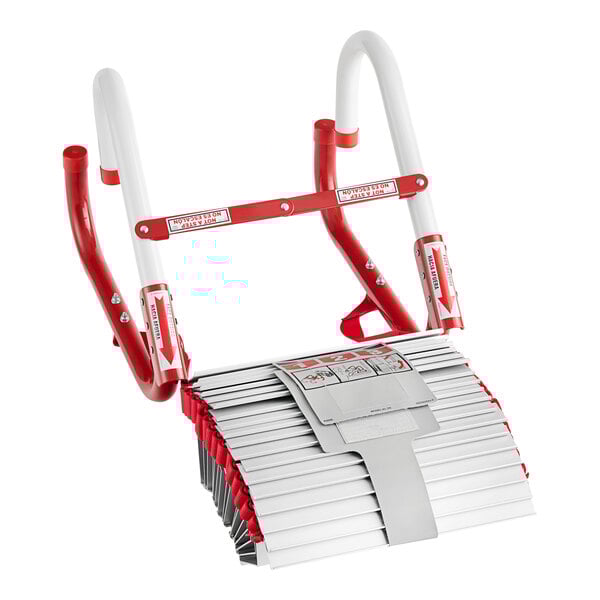 A close-up of a red and white Kidde escape ladder with a red handle.