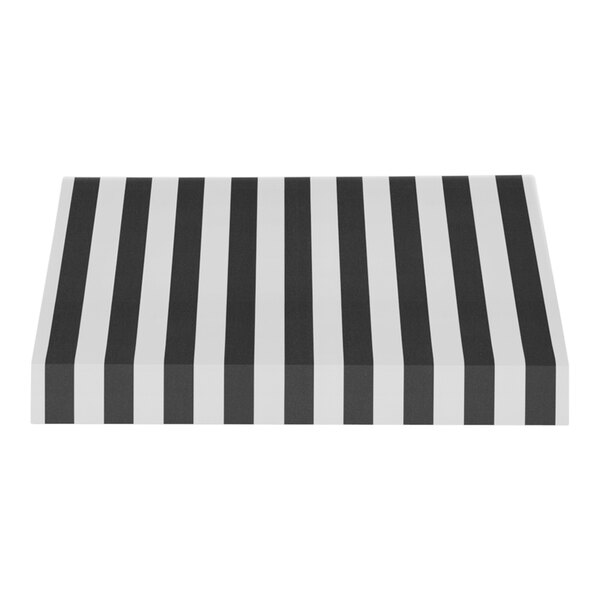 A black and white striped Awntech New Yorker fixed fabric awning with a rigid valance.