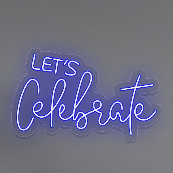A blue neon sign that says "Let's Celebrate" in white text.