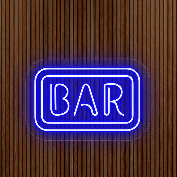 A Crazy Neon blue LED "Bar" sign on a wood surface.