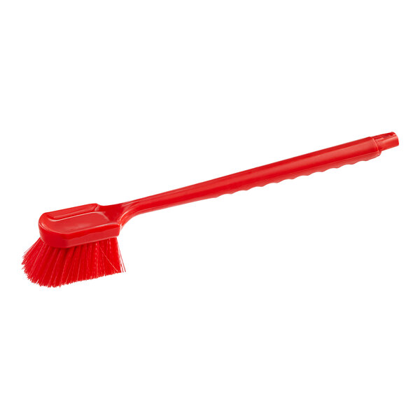 A Lavex red utility scrub brush with a red plastic handle.