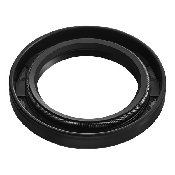 A black circular rubber seal with a metal ring.