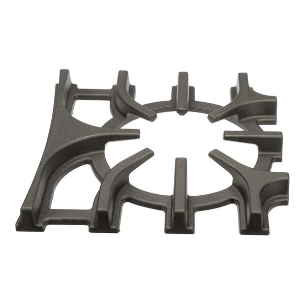 A black cast iron gas burner grate with holes.