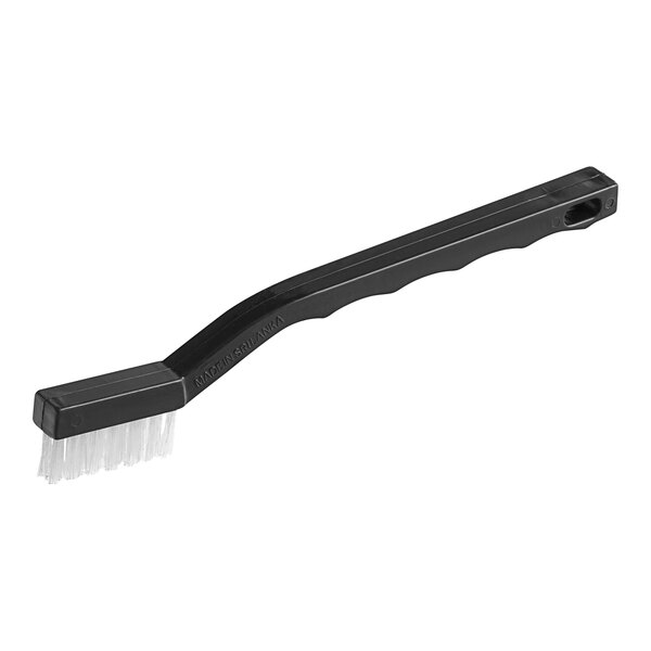 A black toothbrush-style grout brush with unflagged nylon bristles and a long handle.