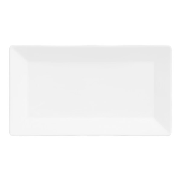 A bright white rectangular tray with a black border.