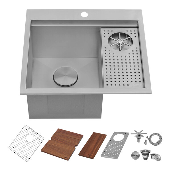 A Ruvati stainless steel rectangular sink with drain and glass rinser.