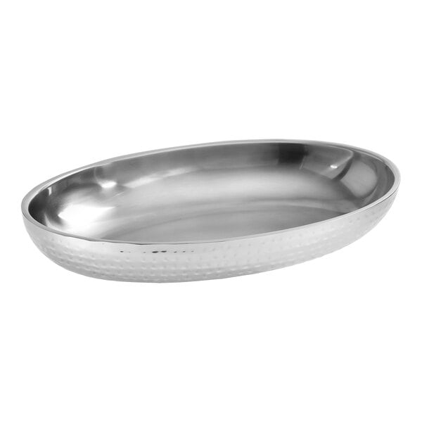 An American Metalcraft stainless steel oval seafood tray with a hammered finish.