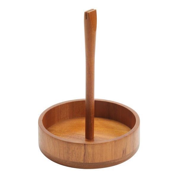 An American Metalcraft acacia wood condiment caddy with card holder on a table.