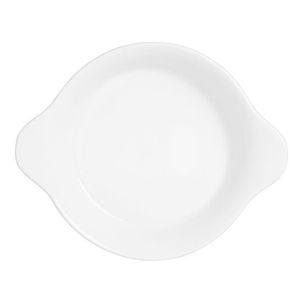 A white Varick shirred egg dish with a handle.