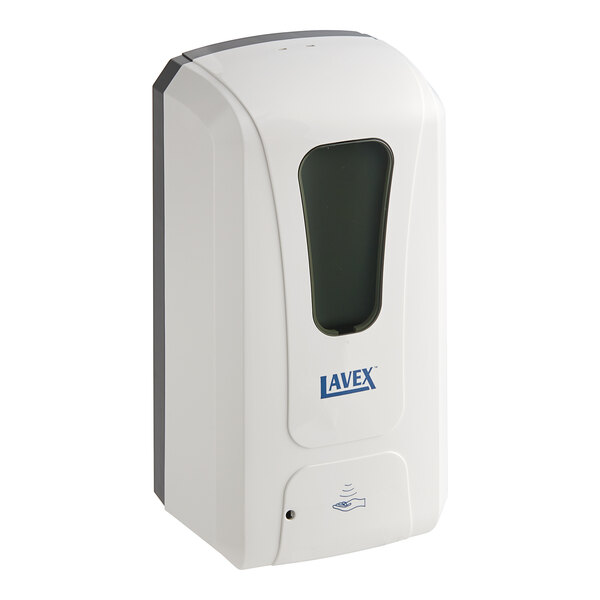 A white rectangular Lavex soap dispenser with a window.