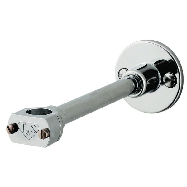 A T&S chrome wall bracket with a screw.