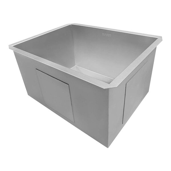 A Ruvati stainless steel laundry sink with a drain.