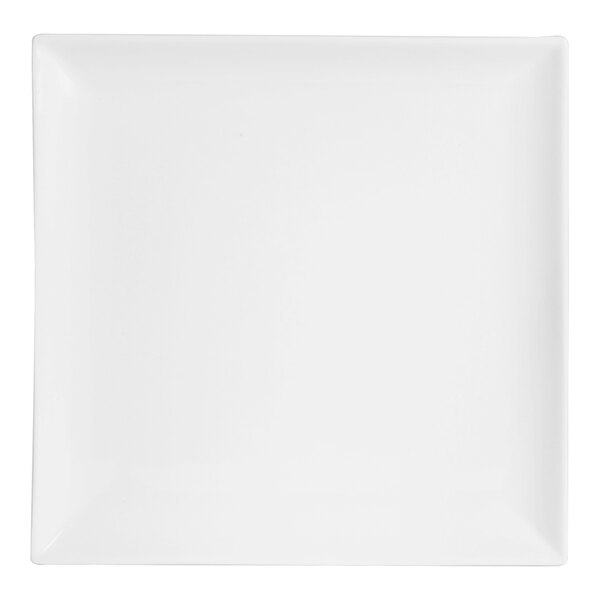 A close-up of a Varick Pub bright white square plate with a plain edge.