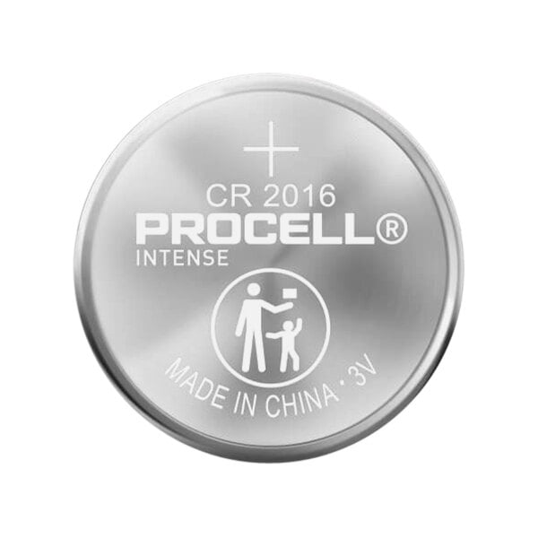 A close up of a Procell CR2016 lithium coin battery.