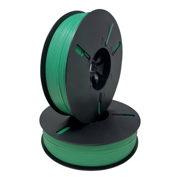 A close-up of a green spool of Tach-It green plastic twist tie ribbon.