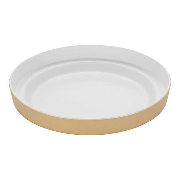 An American Metalcraft white melamine tray with a gold rim.