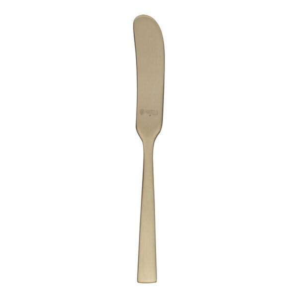 A Reserve by Libbey Santorini Gold butter spreader with a wooden handle.