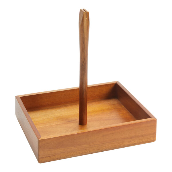 An American Metalcraft acacia wood condiment caddy with a card holder on a table.