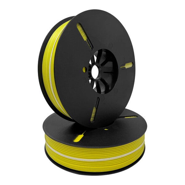 A black and yellow spool of yellow paper/plastic twist tie ribbon.