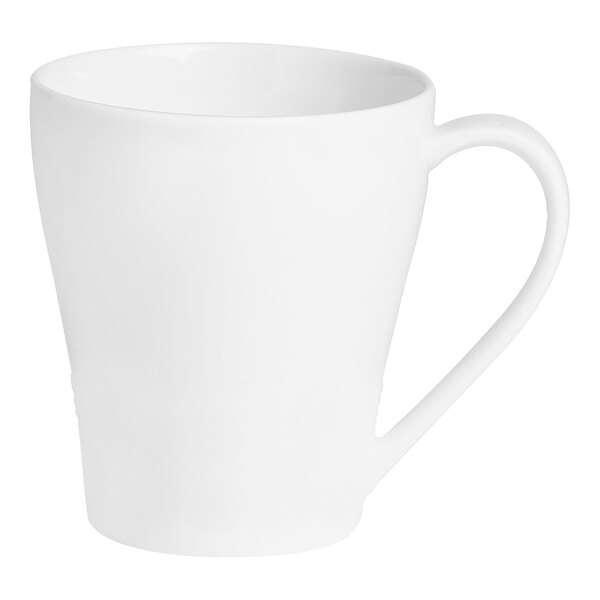 A close-up of a Varick bright white mug with a handle.