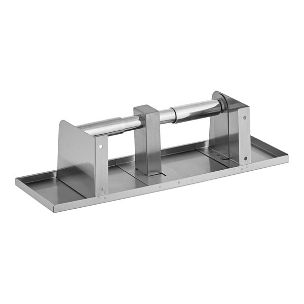 A stainless steel Lavex toilet paper dispenser with two rolls on it and a utility shelf.