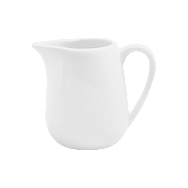 A close-up of a Varick A La Carte bright white creamer with a handle.