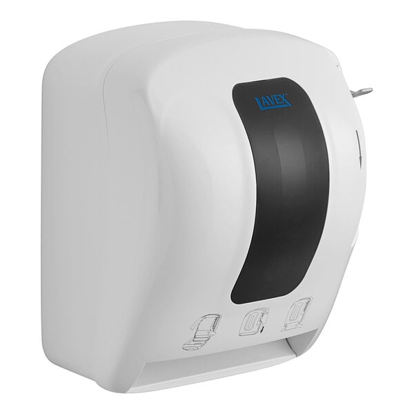 A white Lavex paper towel dispenser with a black lever.
