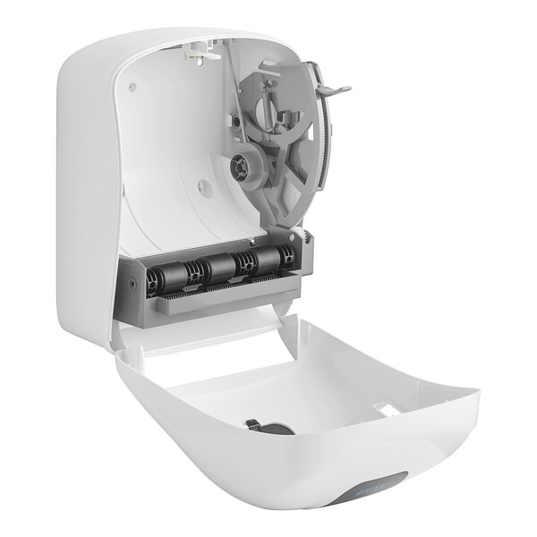 A white Lavex lever-activated paper towel dispenser with the lid open.