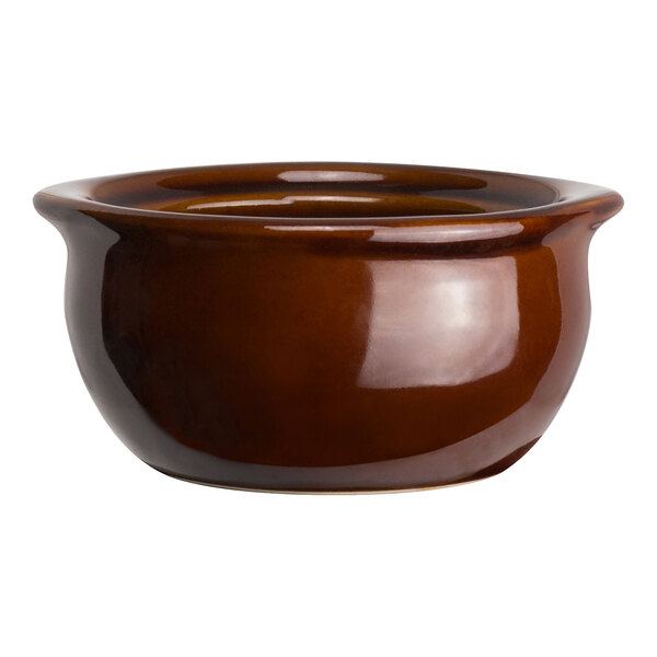 A close up of a brown ceramic Varick A La Carte Onion Soup Crock.