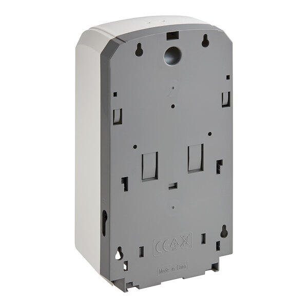 A white rectangular Lavex manual foaming soap and sanitizer dispenser with grey accents and many holes.